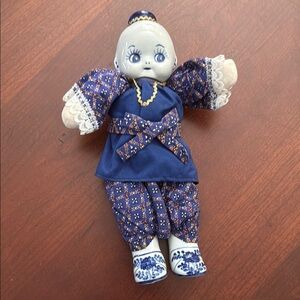 Rare Blue china kewpie Delft Porcelain Doll with Intricate Patterns